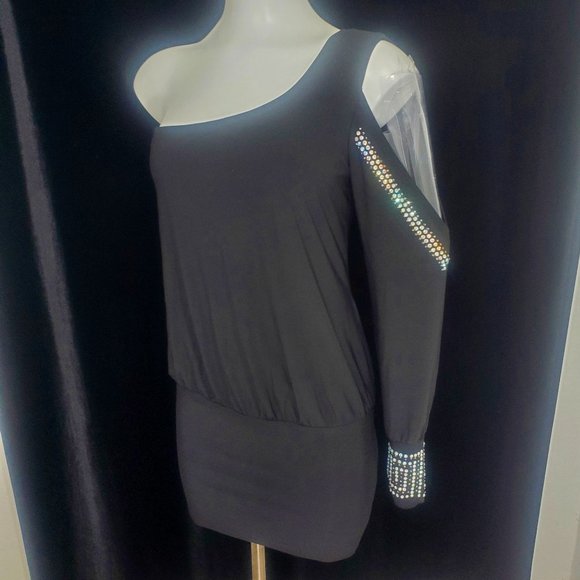 Deb Black 1 Open Shoulder Sleeve Cocktail Dress, Jeweled Sleeve & Cuff Size Med. - Picture 1 of 10